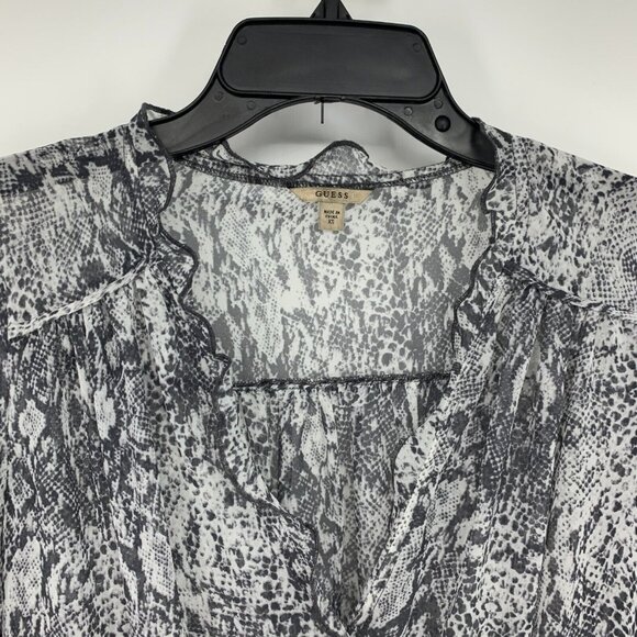 Guess Top Gray Snake Print Sheer Long Sleeve V Neck Ruffle - Picture 3 of 12
